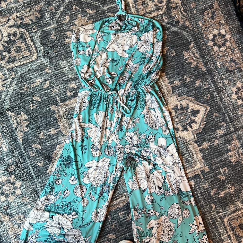 Stretchy Aqua Blue Floral Wide Leg Halter Jumpsuit - Picture 4 of 4